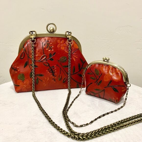 Handmade Genuine Leather Floral Embossed Kisslock Bag Includes Cute Coin Purse - Picture 1 of 16